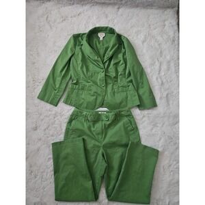 Talbots Bright Green 2 Piece Pant Suit Size 10 Stretch Cotton Blazer Trousers
